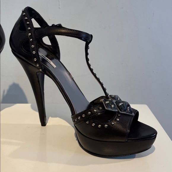 Miu Miu Prada Nappa Washed Jeweled T-Strap Platform Sandals Peep Toe Pumps 39.5 - Picture 10 of 12
